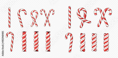 A festive collection of candy canes in various shapes and arrangements.