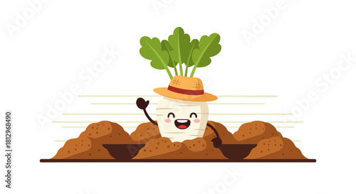 Cheerful Turnip Character in a Hat, Standing in Rich Earth, Black Background