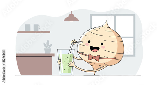 Cheerful Vegetable Character Enjoying a Refreshing Green Smoothie in a Cozy Kitchen Scene