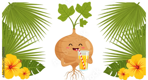 Cheerful Vegetable Character Enjoying Refreshing Drink Amidst Lush Tropical Foliage