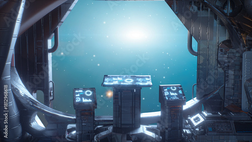 Spaceship Cockpit Interior with View of Earth and Stars Through Window - Sci-Fi Space Travel 3d render