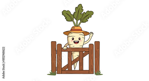 Charming Parsnip Character Waving Behind Wooden Fence With Black Background
