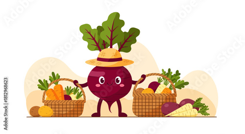 Cheerful Vegetable Character Harvesting Fresh Produce With Baskets Of Carrots and More