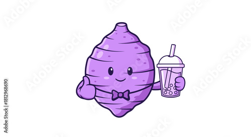 Charming Purple Sweet Potato Character Enjoying Boba Tea Drink Against Black Backdrop
