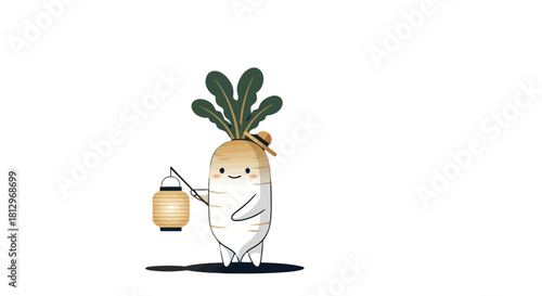 Charming Radish Character Holding Lantern Against Black Background Illustration