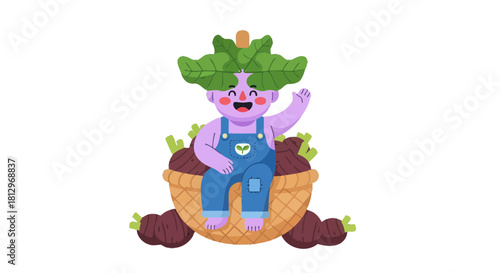 Cheerful Vegetable Character Sitting in Basket with Harvested Taro Root on Black Background