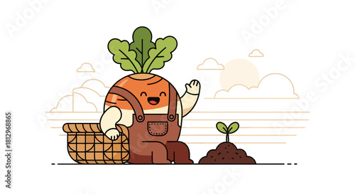 Cheerful Vegetable Character Welcoming The Sunrise With His Farm Basket And New Seedling