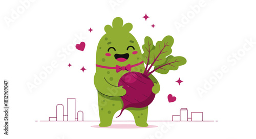 Charming Smiling Creature Holding a Beetroot, Depicted in a Delightful Vector Illustration