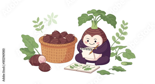 Charming Taro Illustration Depicting Study, Harvest, And Botanical Illustration