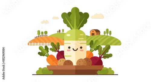 Cheerful Vegetable Garden Scene Depicting a Smiling Daikon with Assorted Root Vegetables Display