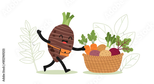 Cheerful Vegetable Root Mascot Bringing Fresh Harvest, Healthy Food Illustration, Vegan