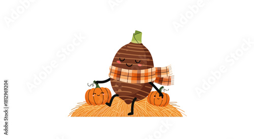 Charming Taro Root Character in Cozy Autumn Scene with Pumpkins and Hay