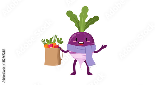Charming Turnip Character Shows Joy While Carrying Fresh Produce in Delightful Illustration