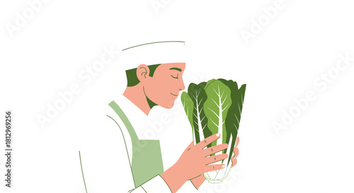 Chef Admiring Freshly Harvested Lettuce, Vector Illustration on Black Background