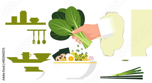 Chef Adorning A Delicious Ramen Bowl With Fresh Green Vegetables For Culinary Delight