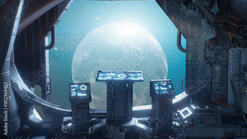 Spaceship Cockpit Interior with View of Earth and Stars Through Window - Sci-Fi Space Travel 3d render
