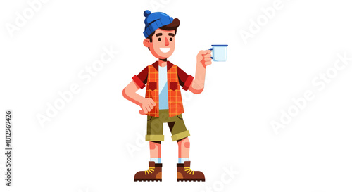 Cheerful Adventurer Holding A Cup and Smiling With Joyful Expressiveness In The Image