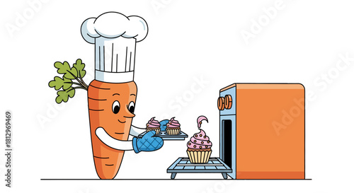 Chef Carrot Baker Cupcakes In An Oven, Culinary Cartoon Delight, Food Illustration