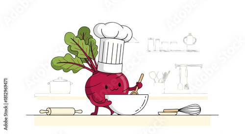 Chef Beetroot Preparing A Culinary Creation In Whimsical Kitchen Illustration