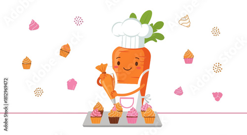 Chef Carrot Cartoon Decorating Delicious Cupcakes With Sprinkles And Creamy Frosting
