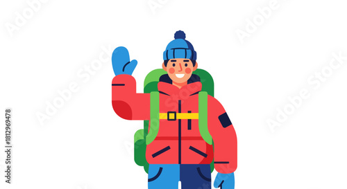 Cheerful Adventurer with Backpack Waving and Smiling In The Mountains