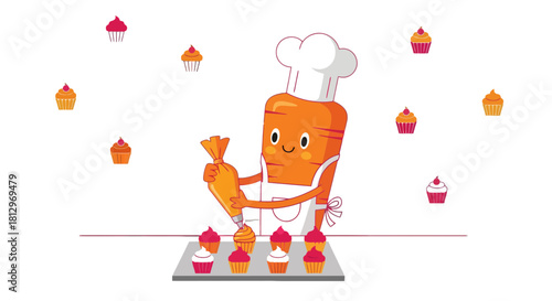 Chef Carrot Cartoon Decorating Delicious Cupcakes Baking on a Black Background Design