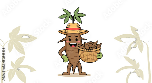 Cheerful Cassava Character Holding Basket of Crop on a Black Background