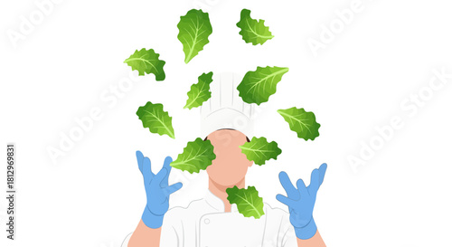 Chef Dexterously Tossing Lettuce Leaves, Dramatic Black Backdrop and Culinary Artistry Depiction