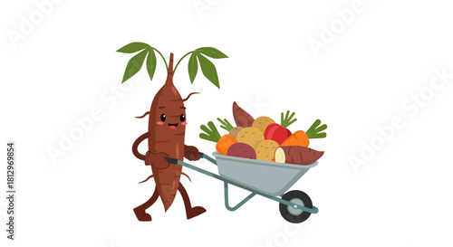 Cheerful Cassava Character Transporting Freshly Harvested Vegetables in a Wheelbarrow Scene