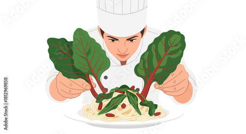 Chef Embellishes Pasta Dish With Fresh Chard Leaves For Culinary Excellence