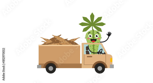 Cheerful Cassava Truck Transportation: A Delightful Cartoon Delivering Harvested Roots