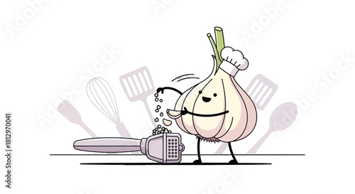 Chef Garlic Prepares Ingredients for Cooking with Kitchen Utensils on Black Background