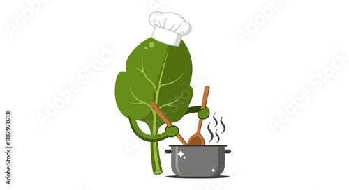 Chef Leaf Cooking Up Some Fresh Steaming Greens in a Whimsical Cartoon Scene