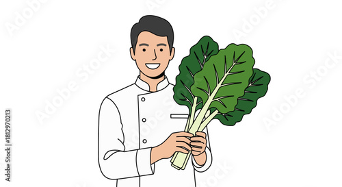 Cheerful Chef Holding Fresh Greens Illustrating Cooking and Healthy Eating Habit