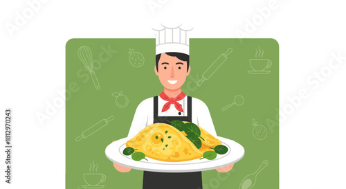 Cheerful Chef Presenting Delicious Omelette On A Plate With Fresh Herbs, Ready to Serve