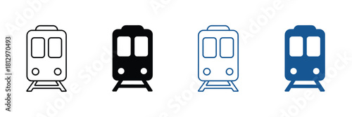 Train subway car icon set in outline and silhouette styles, front view vector for transport, signage, travel, UI, and design