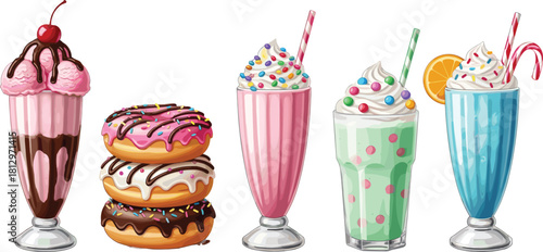 Vector collection of sweet treats, milkshakes, donuts stack, ice cream sundae, colorful drinks, white background