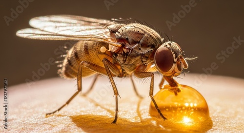 Close-up fruit fly showing detailed wings, eyes, and body texture in natural lighting, captured on fruit or plant surface with sharp macro clarity.