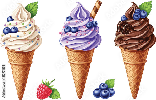 Vector set of soft serve ice cream cones, blueberry, vanilla, chocolate, fresh fruit toppings, white background