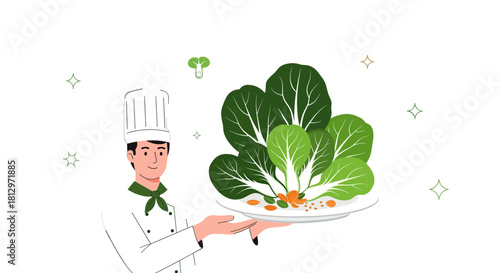 Chef Presenting Fresh Green Vegetables on a Plate Against a Black Background