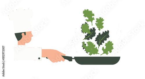 Chef Prepares Fresh Kale Dish in a Pan on a Black Background for Culinary Purposes