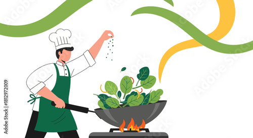 Chef Prepares Fresh Green Vegetables On a Hot Plate, Cooking Delicious Food With Fire