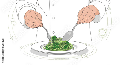 Chef Prepares Fresh Pasta Meal With Spinach Using Silverware, Black Backdrop