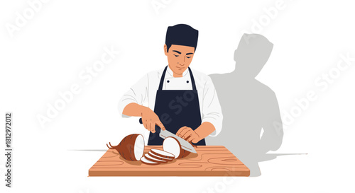 Chef Prepares Fresh Produce for Culinary Creation on Wooden Cutting Board