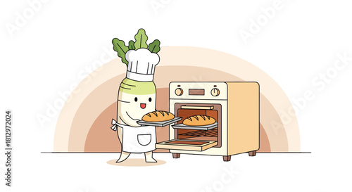 Chef Radish Bakes Fresh Loaves of Bread, Ready To Serve in a Cute Kitchen Scene