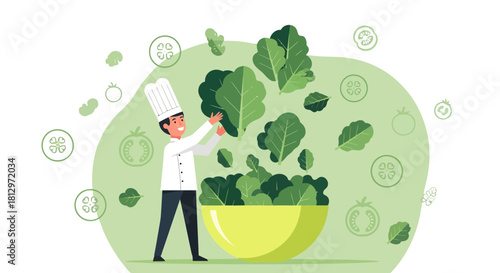 Chef Prepares Fresh Salad Ingredients, Ideal For Healthy Diet and Food Preparation