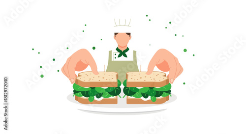 Chef Presenting Two Fresh Healthy Sandwiches, Gourmet Food Concept, Black Background