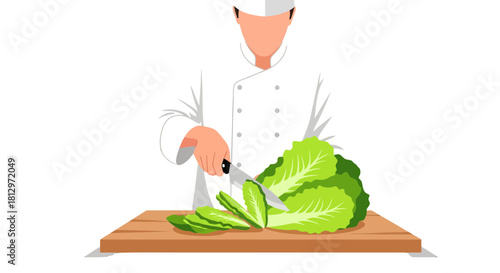 Chef Prepares Fresh Salad Ingredients With Precision on a Wooden Cutting Board