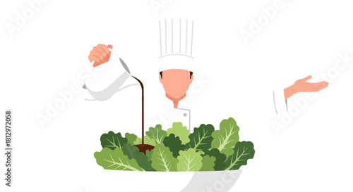 Chef Prepares Fresh Salad with Dressing Against Black Background Preparing Meal