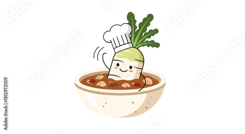 Chef Radish Enjoys Delicious Stew In A Charming And Wholesome Cartoon Scene
